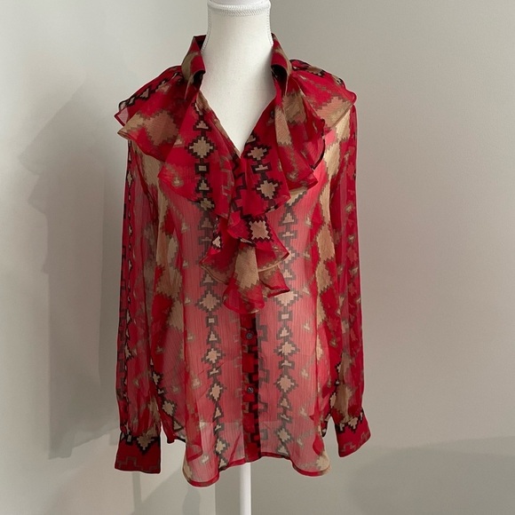 Lauren Ralph Lauren Red Aztec Southwestern Ruffle Button Up Sheer Blouse Size M - Picture 2 of 9